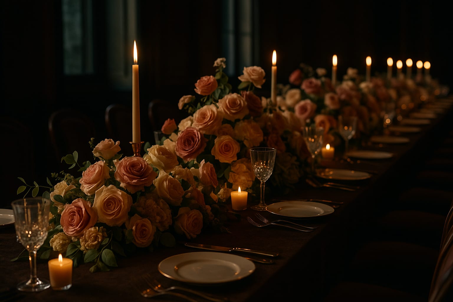 Champagne and rose centrepiece on boardroom table